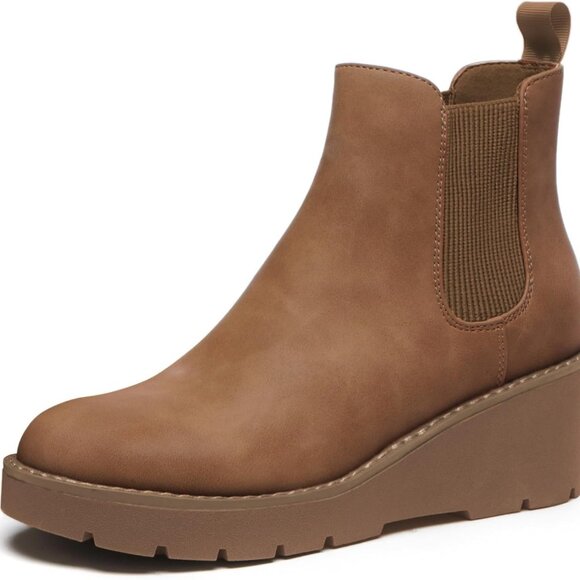 Women's Brown Chelsea Wedge Ankle Boots - Slip-On Platform Footwear - Picture 1 of 6